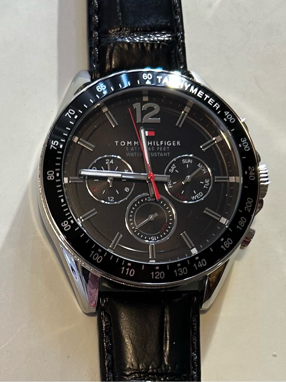 Tommy Hilfiger Watch With 46mm Black Chronograph Face & Black Leather Band